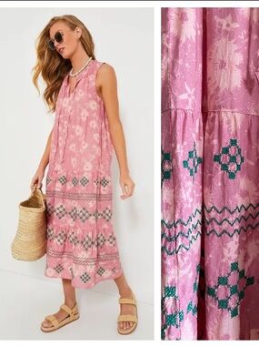 Tuckernuck Pink Strawberry Blossom Embroidered Salty Paloma Caftan Maxi Dress S